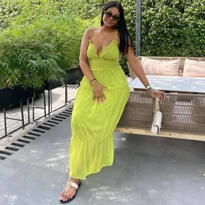 STOCK V-NECK Women Dress Sleeveless Smocked Maxi Dress Summer Beach Robe S-2XL