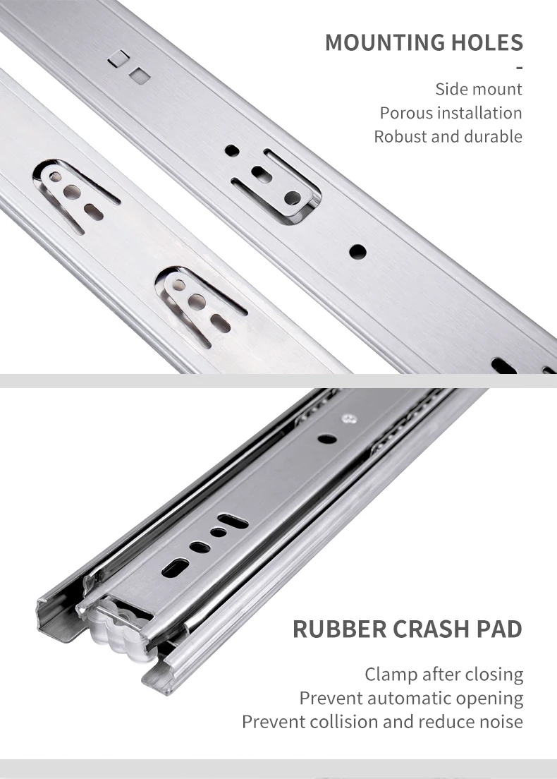 45 Mm Kitchen 3fold Ball Bearing Buffer Drawer Slide Stainless Steel