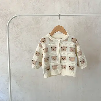 Korean Style Ins Newborn Baby Sweater Cardigan Autumn and Winter Infant Clothes Pure Cotton Versatile Embroidered Bear Tops