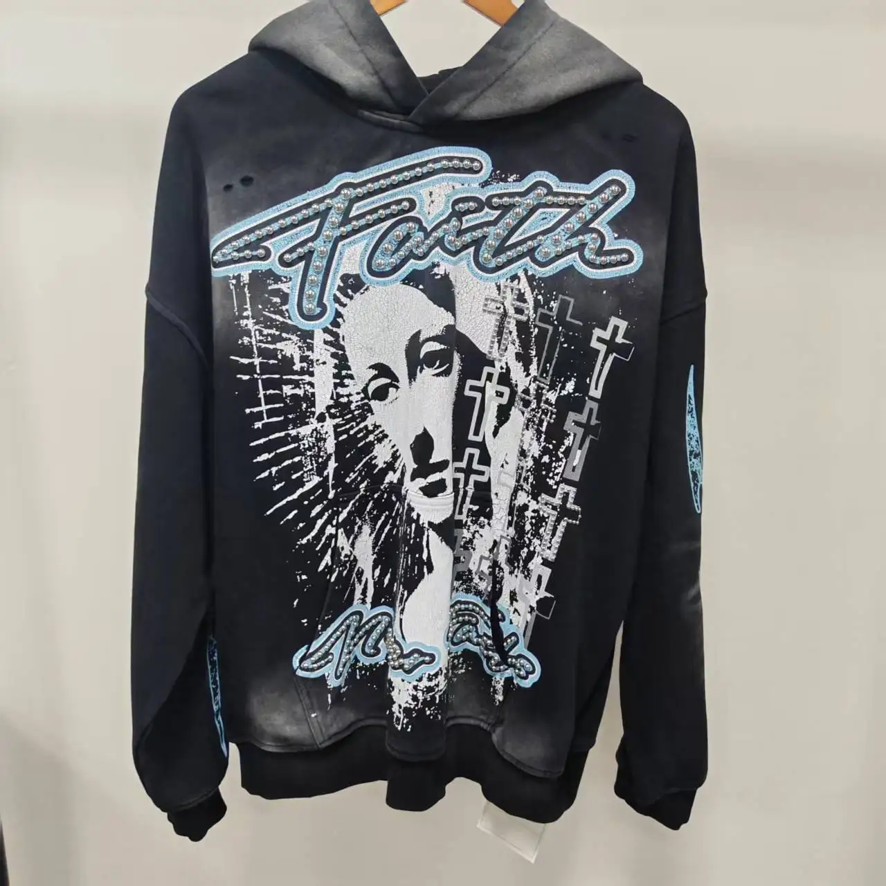 Wholesale Custom Graphic Print Rhinestone Acid Wash Oversized Streetwear Pullover French Terry Sweatshirt Casual Men Hoodie gallery 7