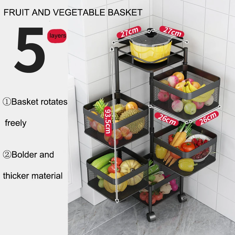 
5-уровневая многофункциональная напольная тележка, вращающаяся на 360 градусов, кухонная полка для хранения, полка для хранения фруктов и овощей 
