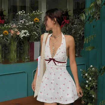 Deep V-Neck Hanging dress for women Backless Cherry Floral Print Breathable Knitting korean dresses women