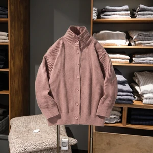 Autumn Winter Men's Deer Plush Turtleneck Cardigan Sweater Japanese Retro Style Solid Color Vertical Collar Knitted Front