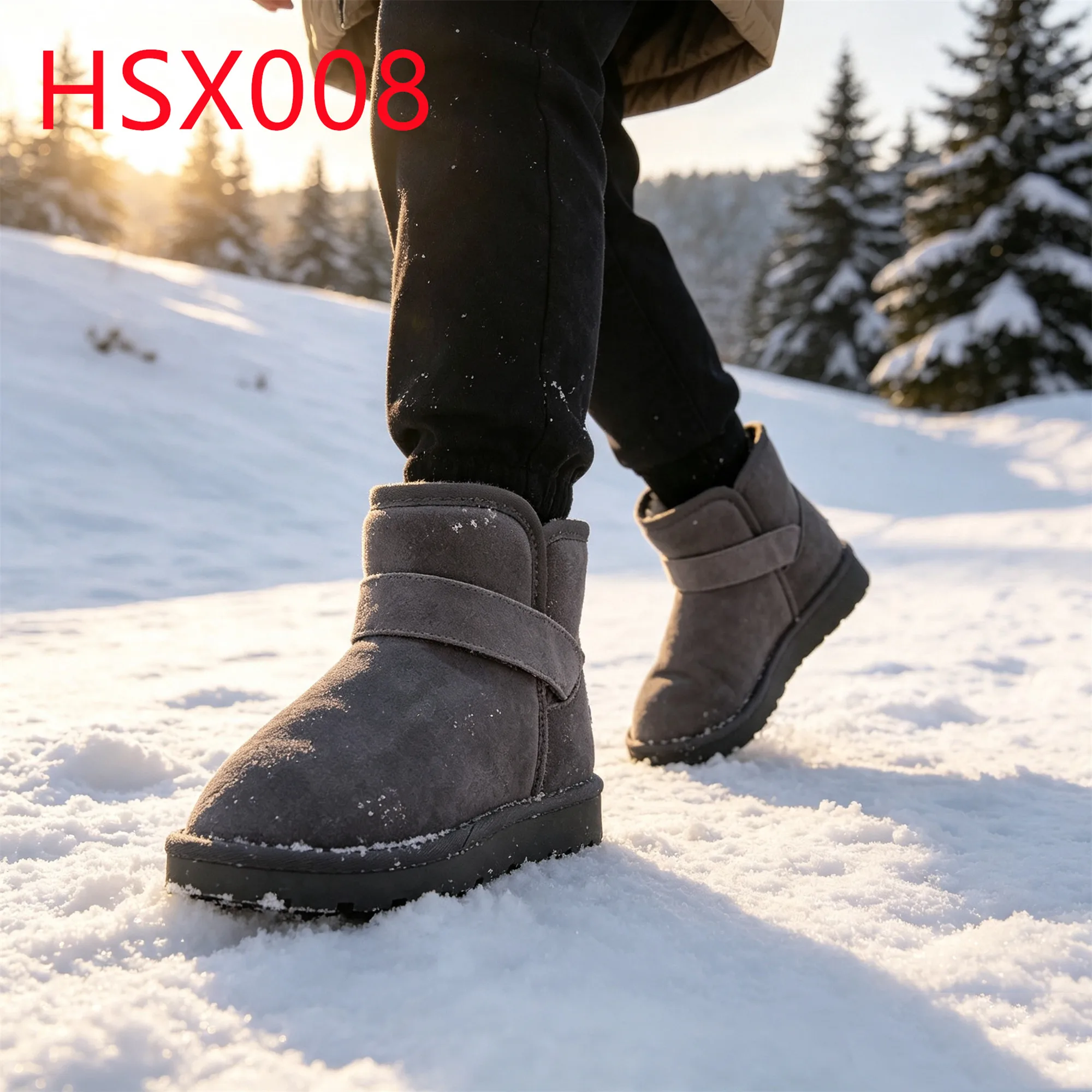 HY,Winter Celebration ultra Anti-slip TPR Sole Grey Hua Singh Snow Boots Durable Suede Leather Not Bulky Women Midi Boots HSX008