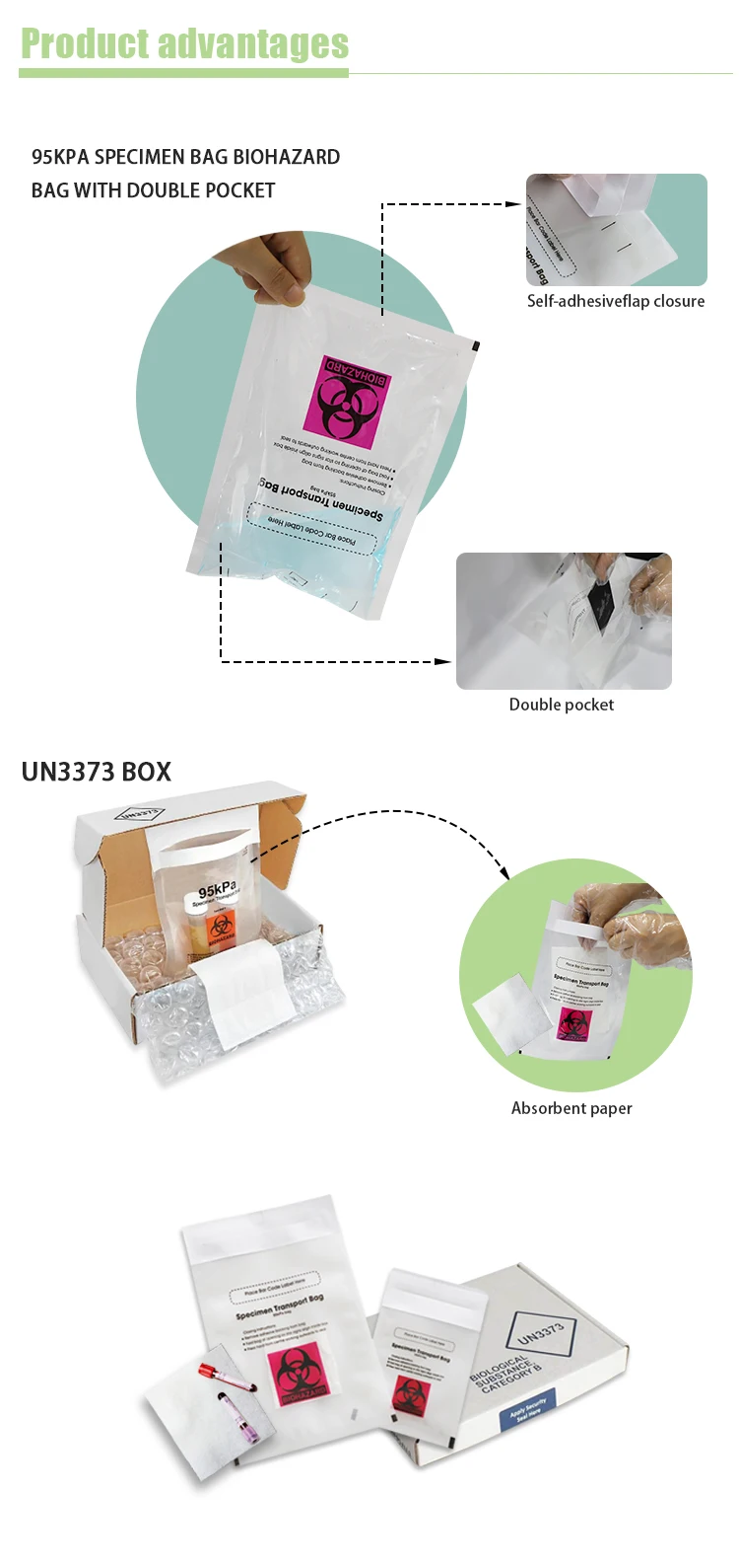 Customized 95kpa Biohazard Transport Specimen Bags Absorbent Pad Self