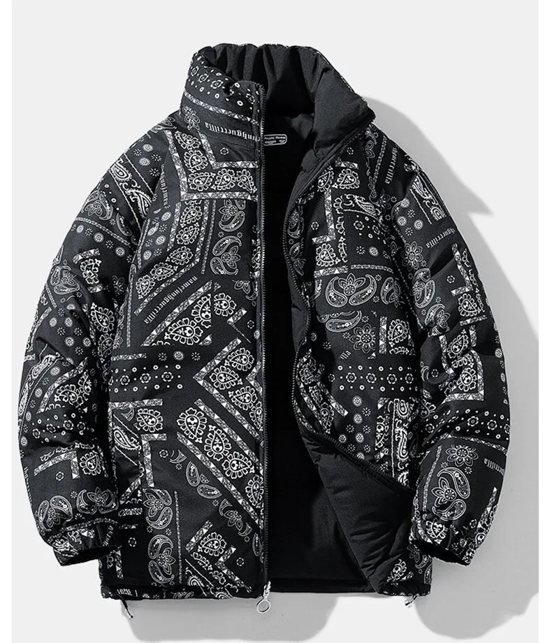 Mens Reversible Puffer Jacket - Bandana Printed Puffy Coat