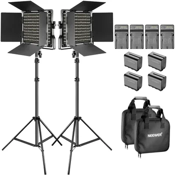 Neewer 2-Pack Dimmable Bi-Color 660 LED Video Light with Barndoor and 6.5 Feet Light Stand, 4-Pack Rechargeable 6600mAh Battery