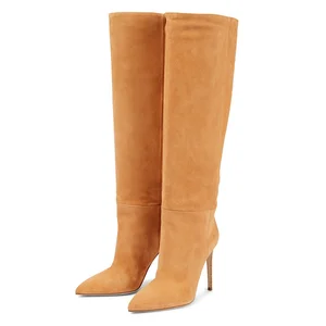 Large Size Orange Faux Suede Boots Women Heels Pointed Toe Long Knee High Boots Stilettos Winter Shoes