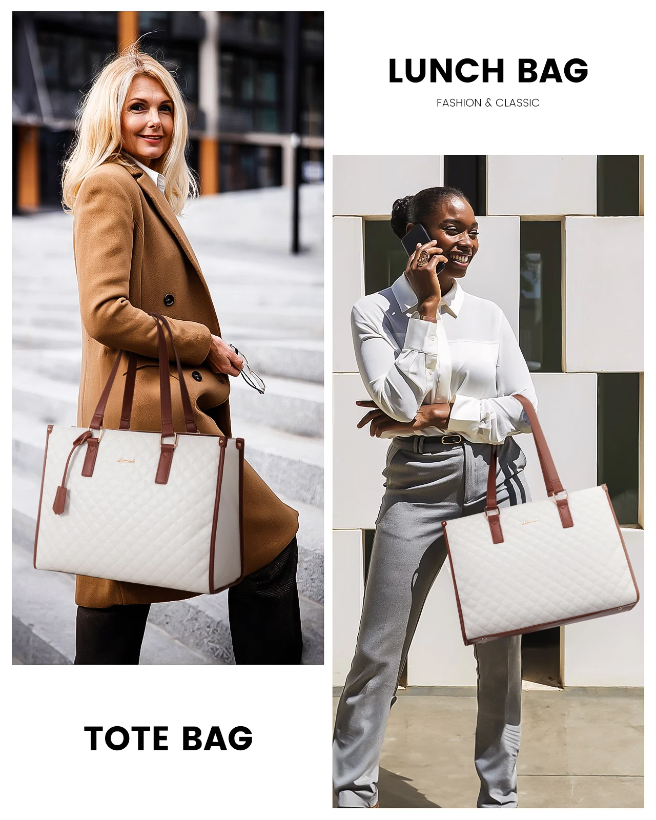 LOVEVOOK Quilted Large Capacity 15.6 Inch Work Business Laptop Bag With Insulated Lunch Compartment Lunch Tote Bag for Women