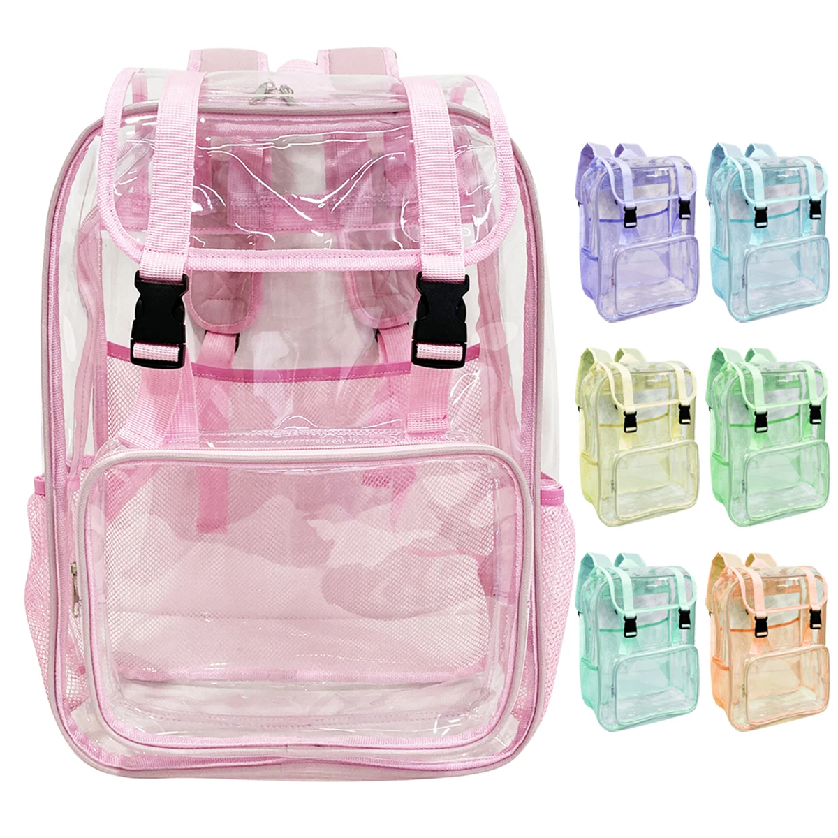 Customized logo pvc material high quality pink colorful school backpack transparent clear pvc backpack for men women kids