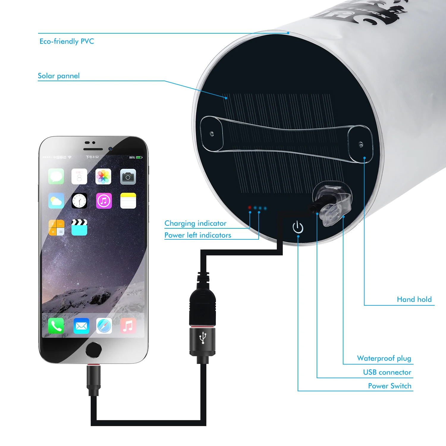 Inflatable Solar Light Phone Charger Lanterns Camping Lights Waterproof Dry Bag Light Foldable LED Outdoor 2 in 1 PVC