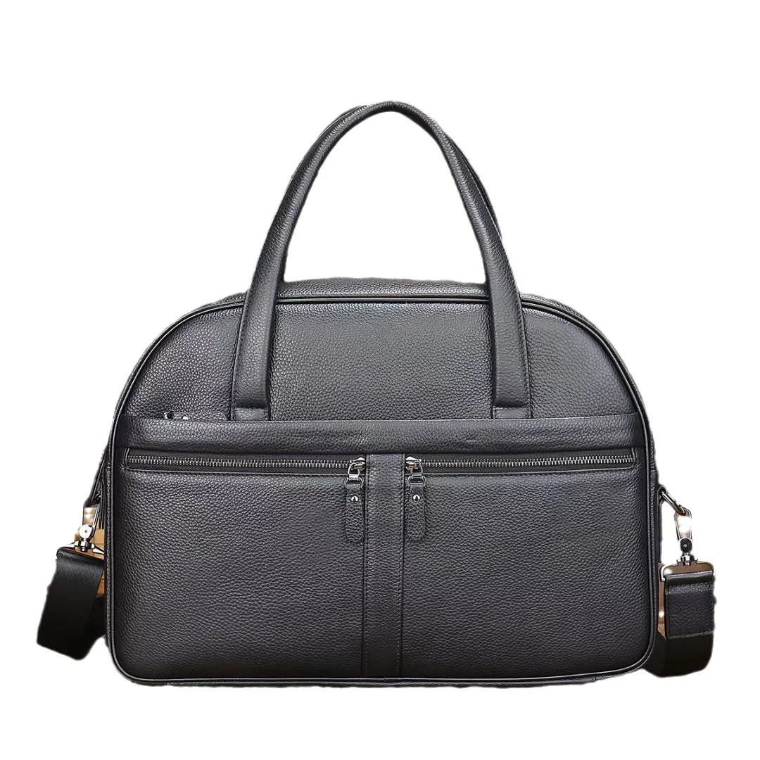 Brand Logo Leather Cowhide Computer Case Travel Bag Real Black Pebble Leather Computer Laptop Briefcases Duffel Bag