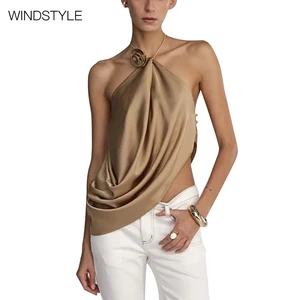 Women's Breathable Satin Short-Length Top with Hanging Neck Inclined Collar Three-Dimensional Sexy Flower Sleeve