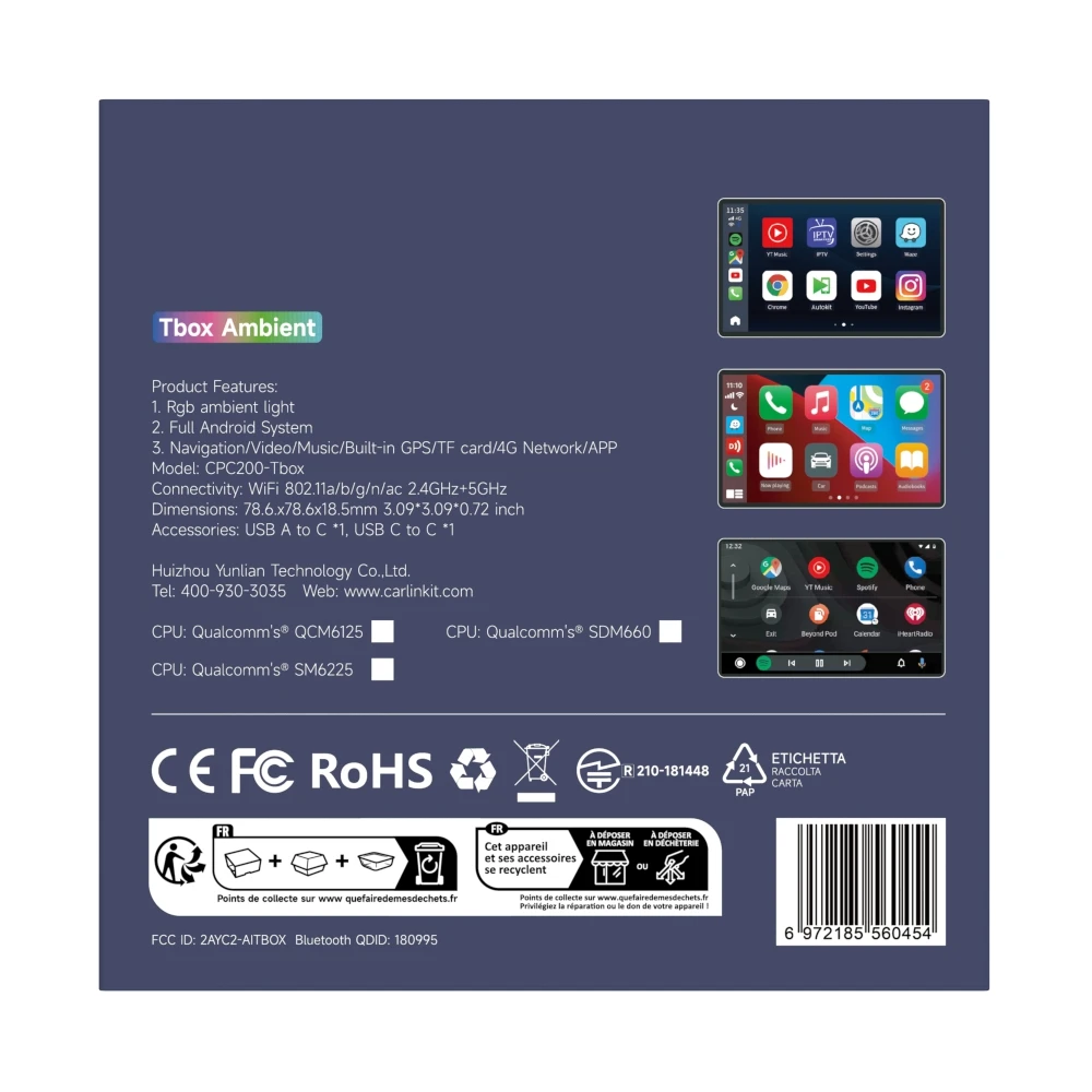Carlinkit Tbox Ambient Android 13 Wireless Carplay Adapter, 8+