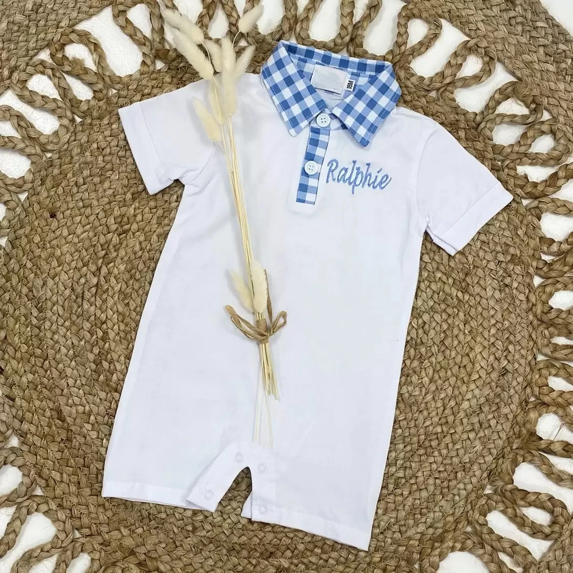 Summer Monogram Vintage Baby Boy Cotton Rompers White Polo Collar Play ...