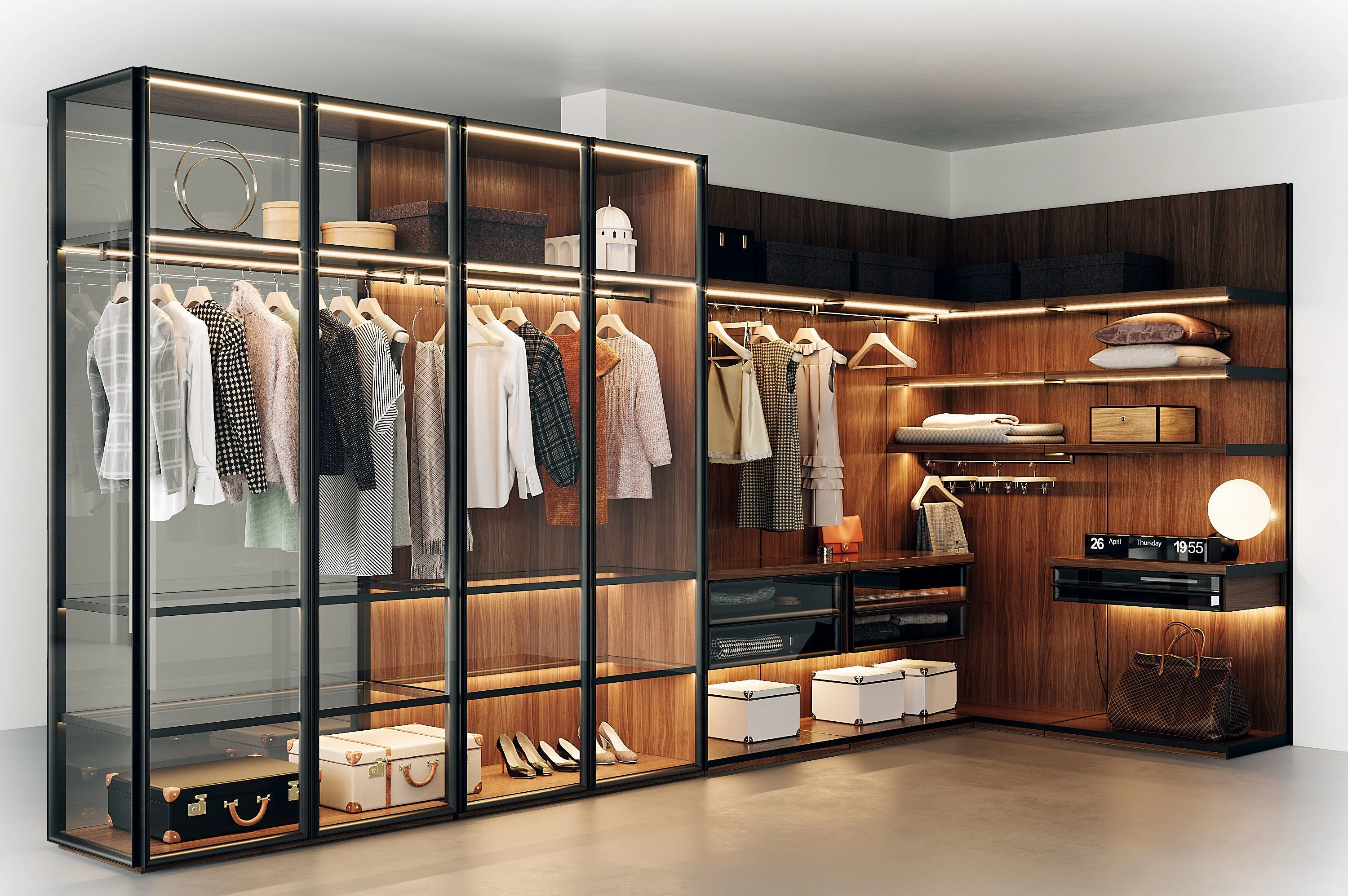 Wardrobe with Side Display Book Shelves Designs Aluminium Clear Glass Custom Modern Bedroom Furniture Walk in Closet Furniture