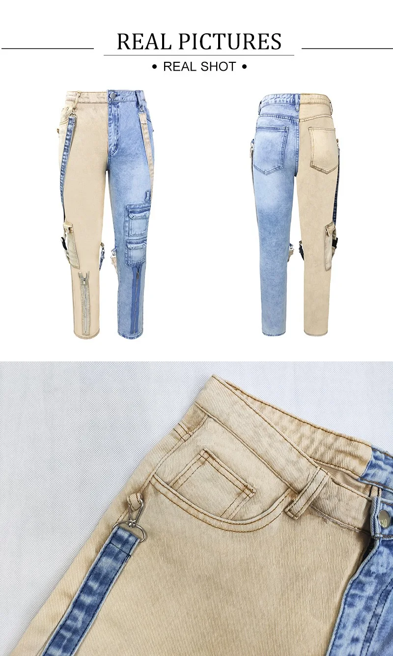Qc - 067 Hot Selling Fashion Men Jeans Trouser Straight Camouflage Patchwork With Ribbons Ripped Cargo Mens Skinny Jeans