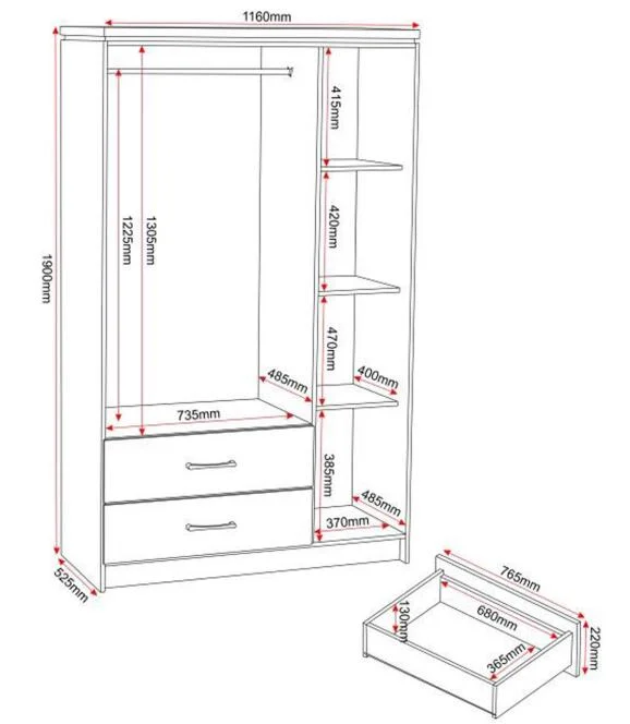 Modern Design Mdf Wood Beech Color 3 Doors 2 Drawers Wardrobe With 2 Mirrors Wooden Storage Closet for Bedroom