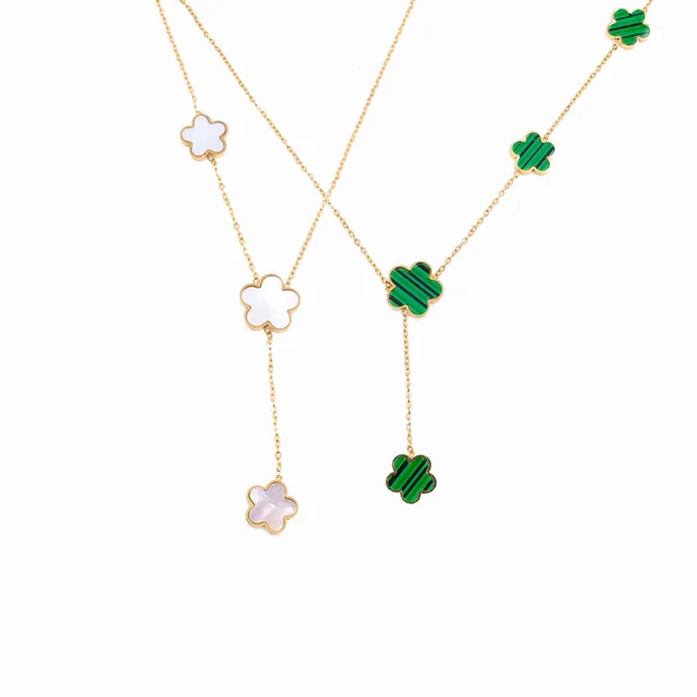 High Quality Custom Flower Shell Anti Malachite Women Pendant Gold Filled Jewelry Lucky 18k Gold Four Flower Y Necklace Bijoux