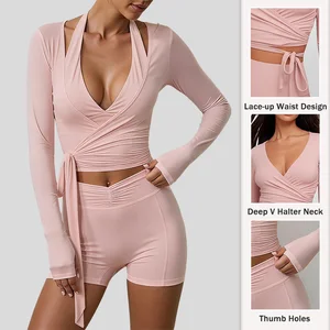 2026 New Activewear Women Yoga Wrap Top Bra and Shorts 3pcs Athleisure Girls Pilates Breathable High Support Anti-Uv Set