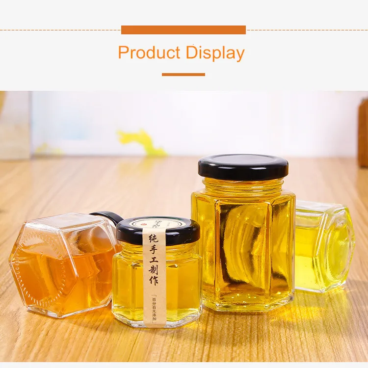 Luxury Hexagonal Glass Honey Container Honey Storage Bottle Glass Honey Jar With Bamboo Lid And
