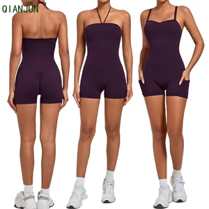 Wholesale Workout Yoga Bodysuit Halter Jumpsuit  Sexy Open Beauty Back Hip Lifting Fitness Workout Breathable Sportswear.