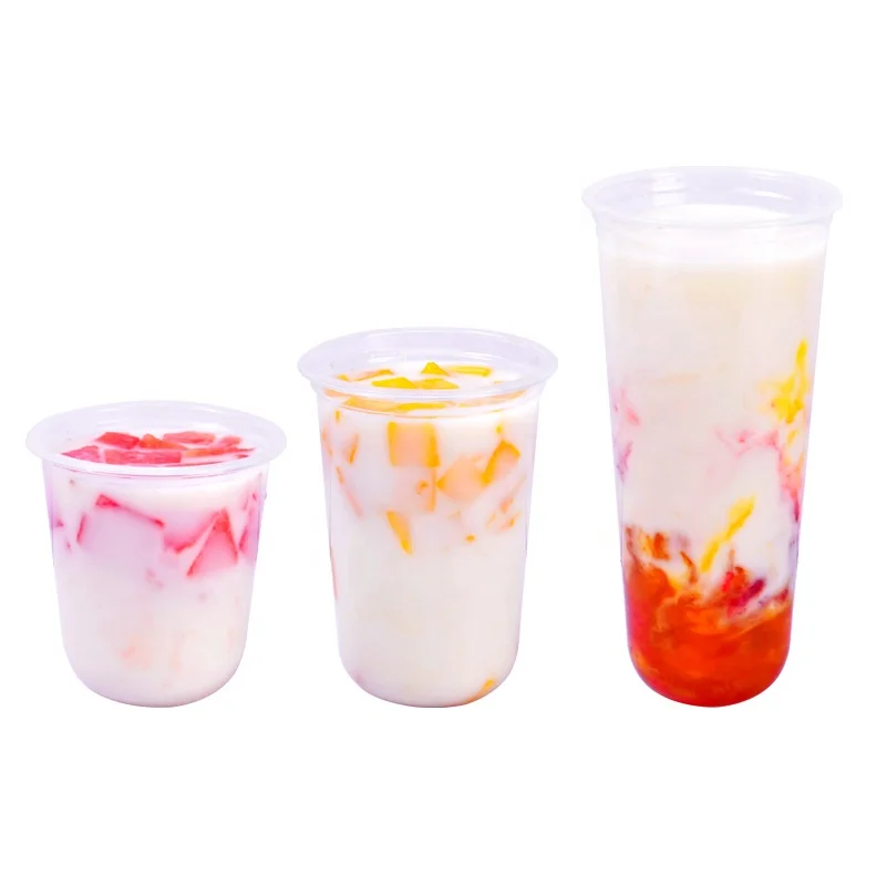 U shaped cup with lid PET PP 12 16 24oz cold juice dessert custom printed clear boba bubble milk tea disposable plastic cup