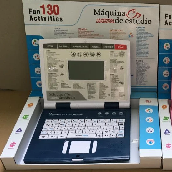 Электрическая обучающая машина, ноутбук, английский, испанский, 130 функций, обучающая игрушка, компьютер с зарядным устройством, мышь для детей