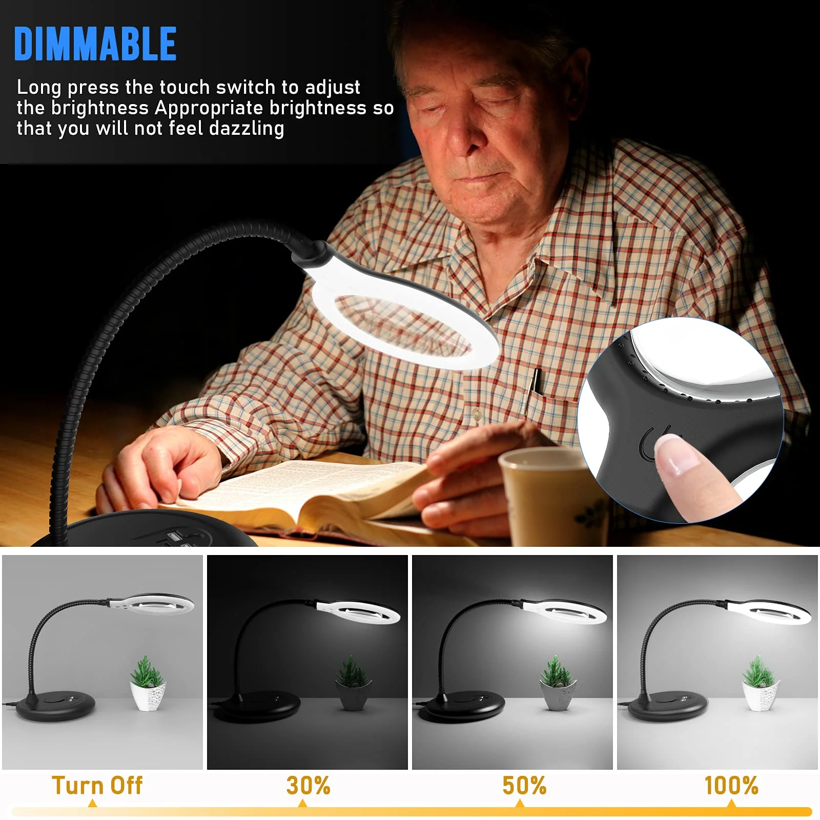 Delixike 5X Dimmable Magnifying Lamp,Large Hands Free Magnifying Glass with  Light and Stand for Reading,Hobbies,Crafts,Workbench