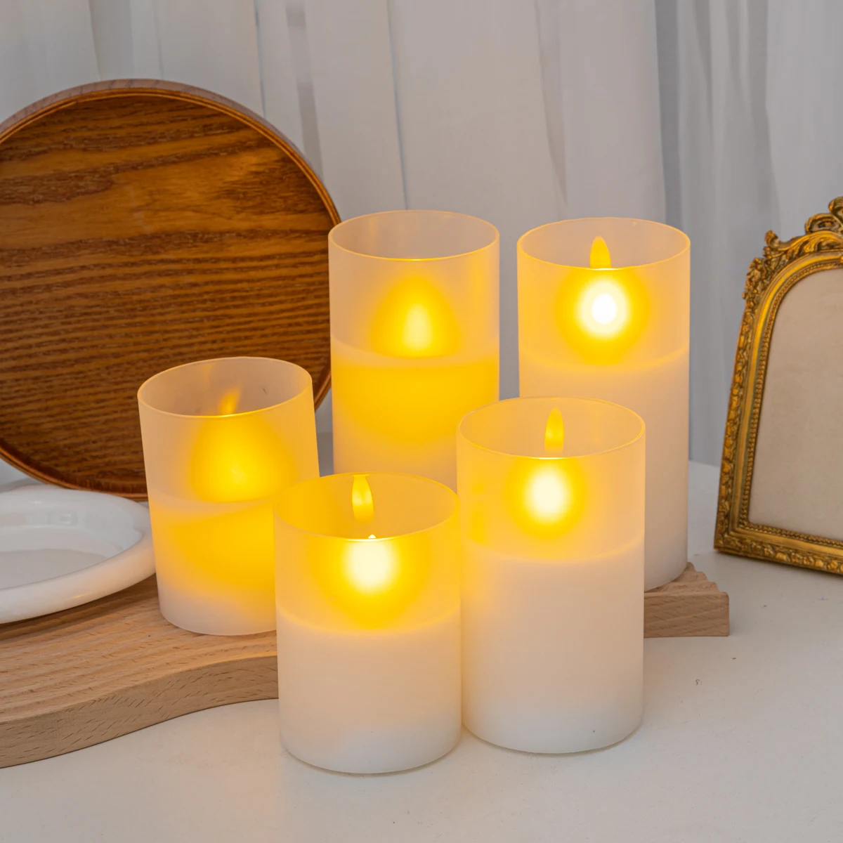 White frosted glass, paraffin wax, flameless LED candle, festive Christmas decoration, atmosphere light, home decoration