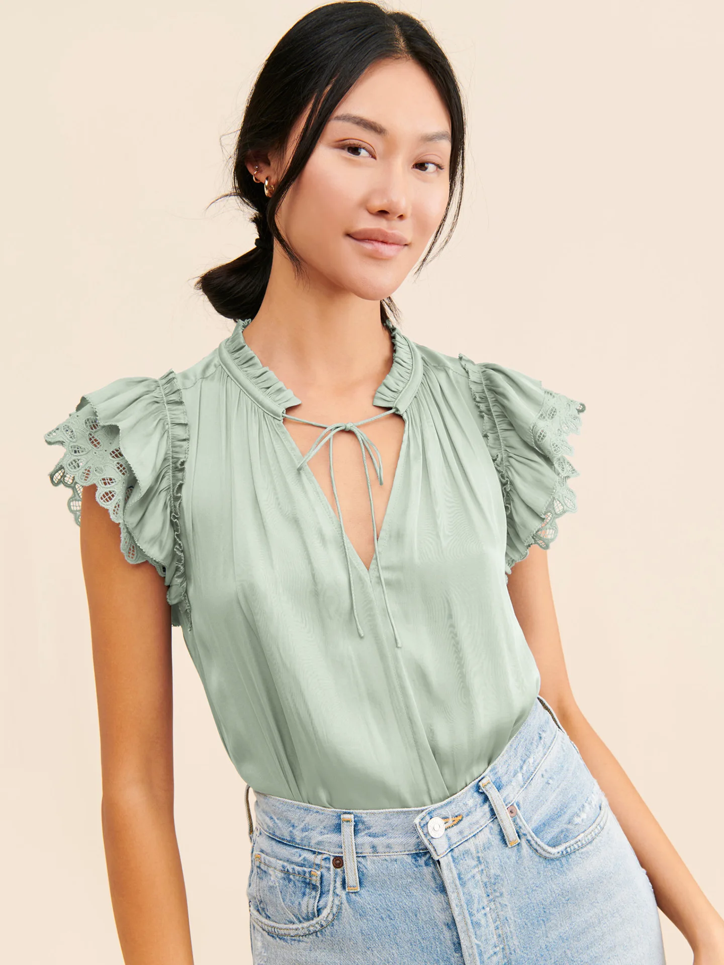 GMD 2023 Summer hot sale New V Collar lace-up flounce sleeve casual fashion women's clothing satin