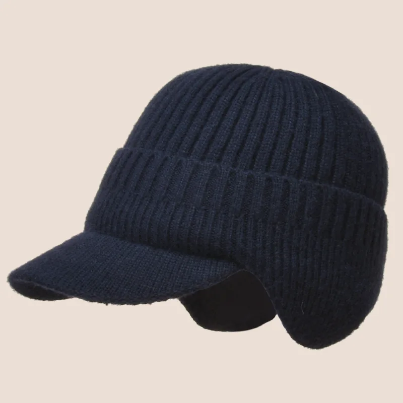 Winter Visor Brim Sport Beanie Knit Ear Flap Caps for Men
