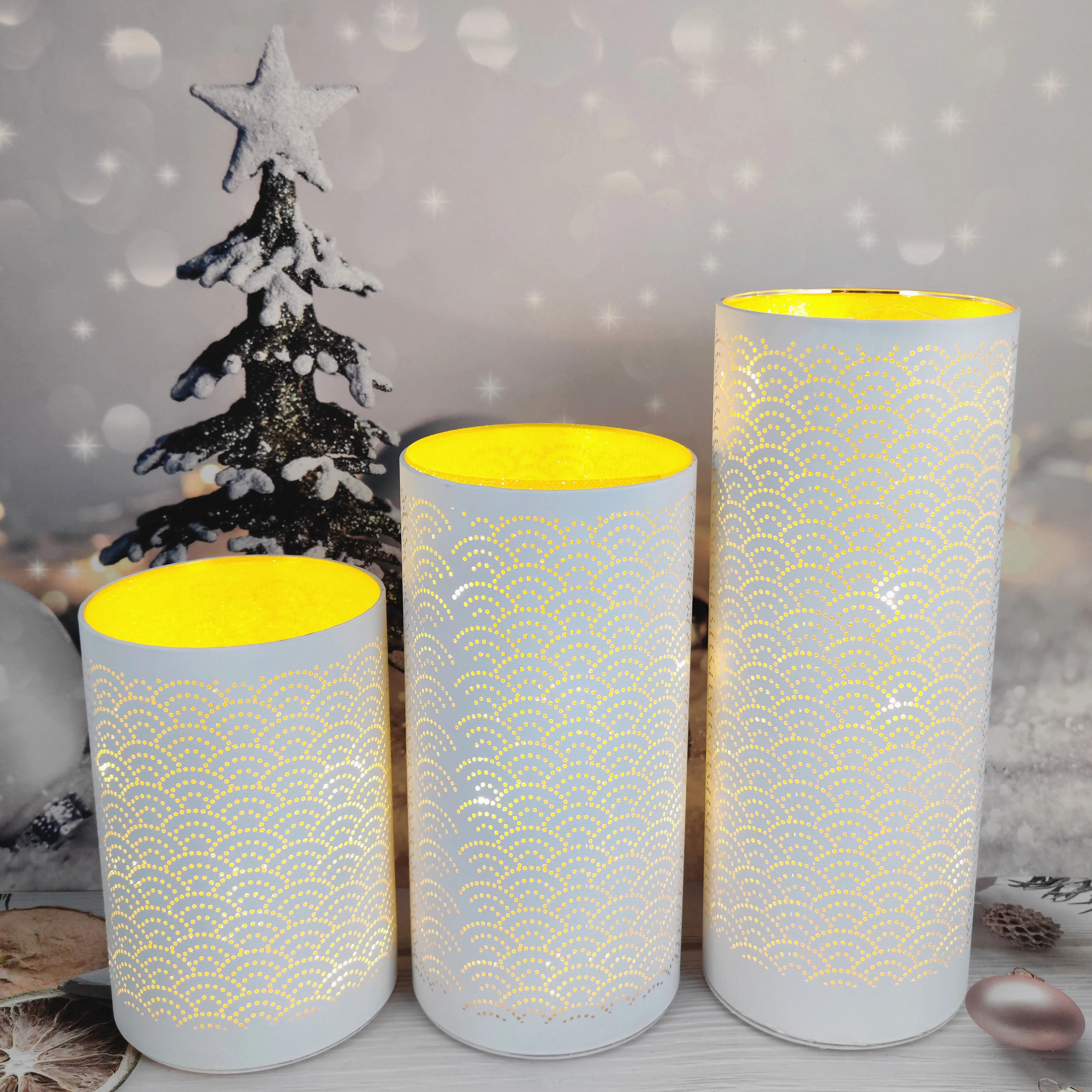 Battery operated led light up glass Christmas cylinder hurricane table decoration setting ideas manufacture