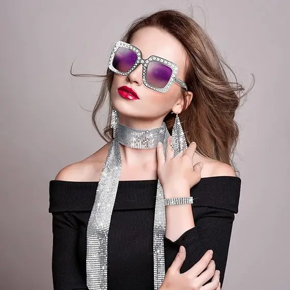5 Pieces 1970s Disco Costume Set - Bling Sunglasses & Earrings