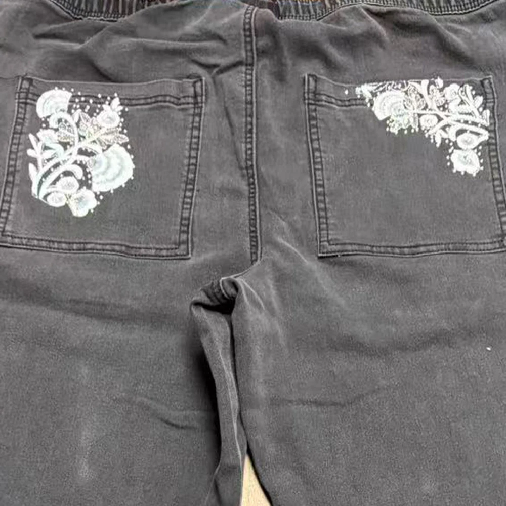 Plus Size Floral Embroidered Women's Wide Leg Pants Trendy High Waist Loose Fit Casual Trousers with Drawstring