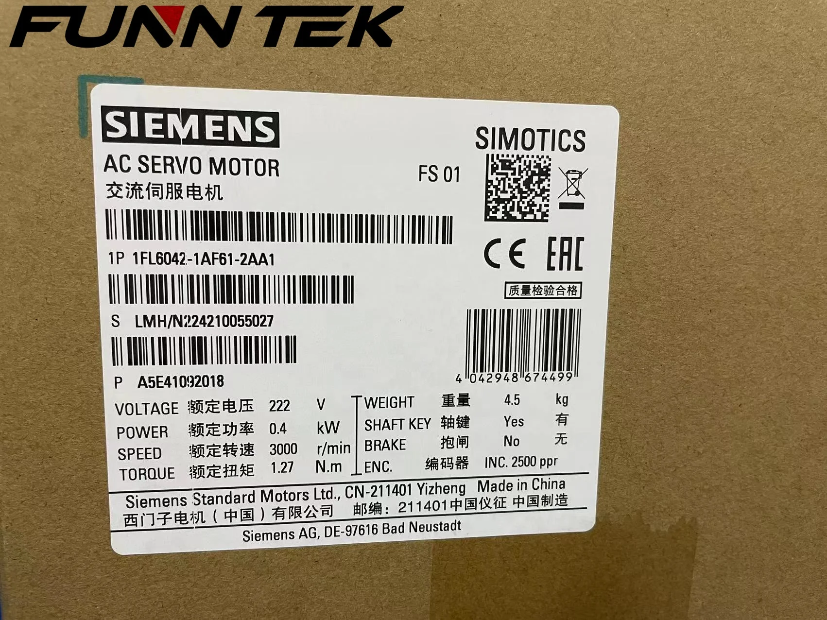 SIEMENS Motor SIMOTICS S-1FL6 Operating Voltage 230V 3AC PN=2 kW 1FL6054-2AF21-2AA1