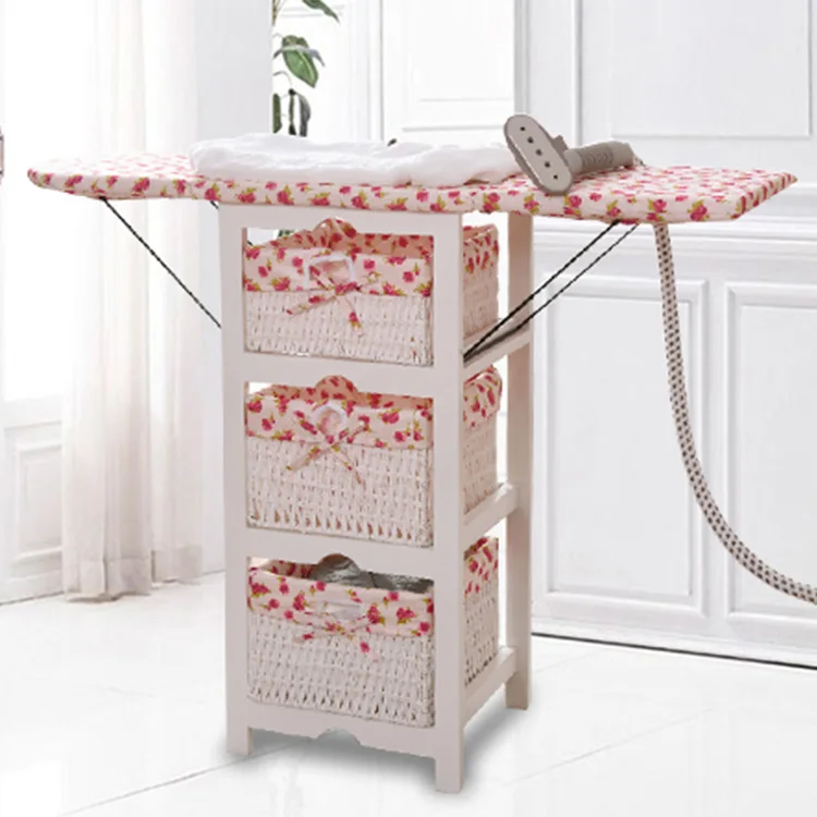 Cheap Wooden Ironing Board Ironing Storage With Wicker Drawers