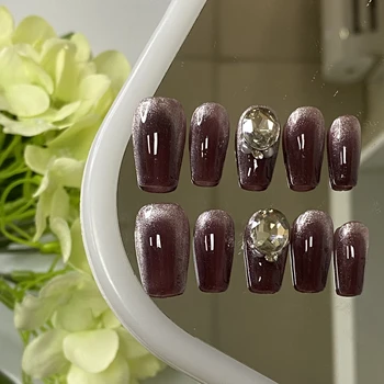 High quality wholesale purple french false nails gentle with diamonds girls premium press on nails