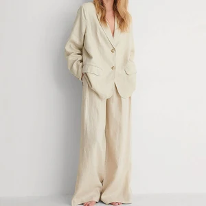 Custom High Quality  Summer Autumn  Classic Turn-down Collar   Linen Blazer Office Women Oversized Lapel Premium