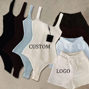 Custom Logo Summer Sports Vest Shorts Loungewear Women Sets Jogger Pants Tank Bodysuit Jumpsuit Cotton Women 2 Piece Jogger Set