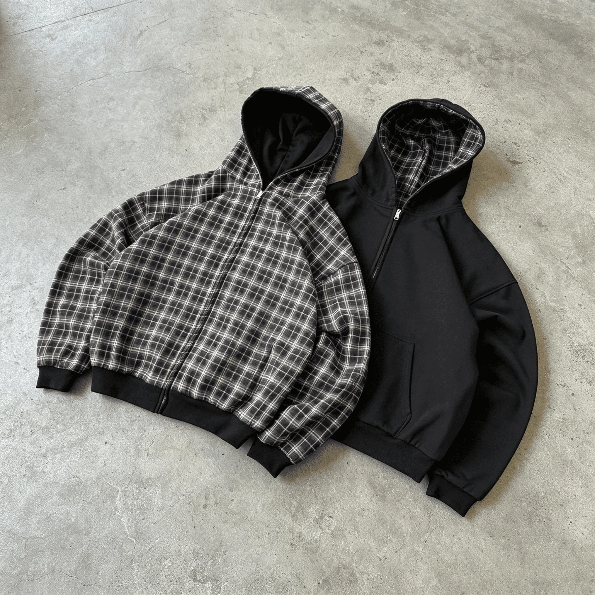 Custom Made Men's Reversible Flannel Checked Dropped-Shoulder Oversized Double-Zip Hoodie Y2K Streetwear gallery 4