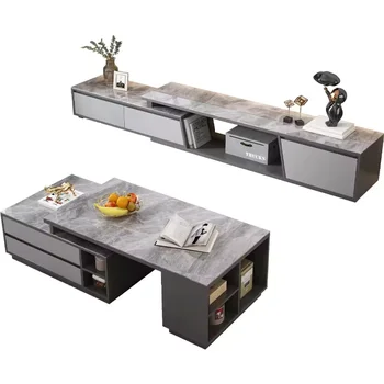 Nordic modern luxury latest design living room rock slab marble stretchable coffee table tv cabinet set
