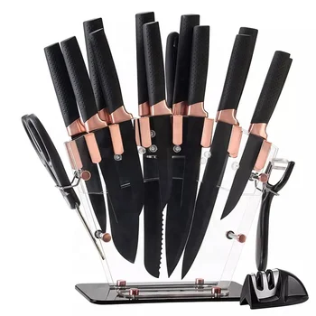 New 17pcs stainless steel chef knives non-stick black coating rose gold bolster kitchen knife set with acrylic stand