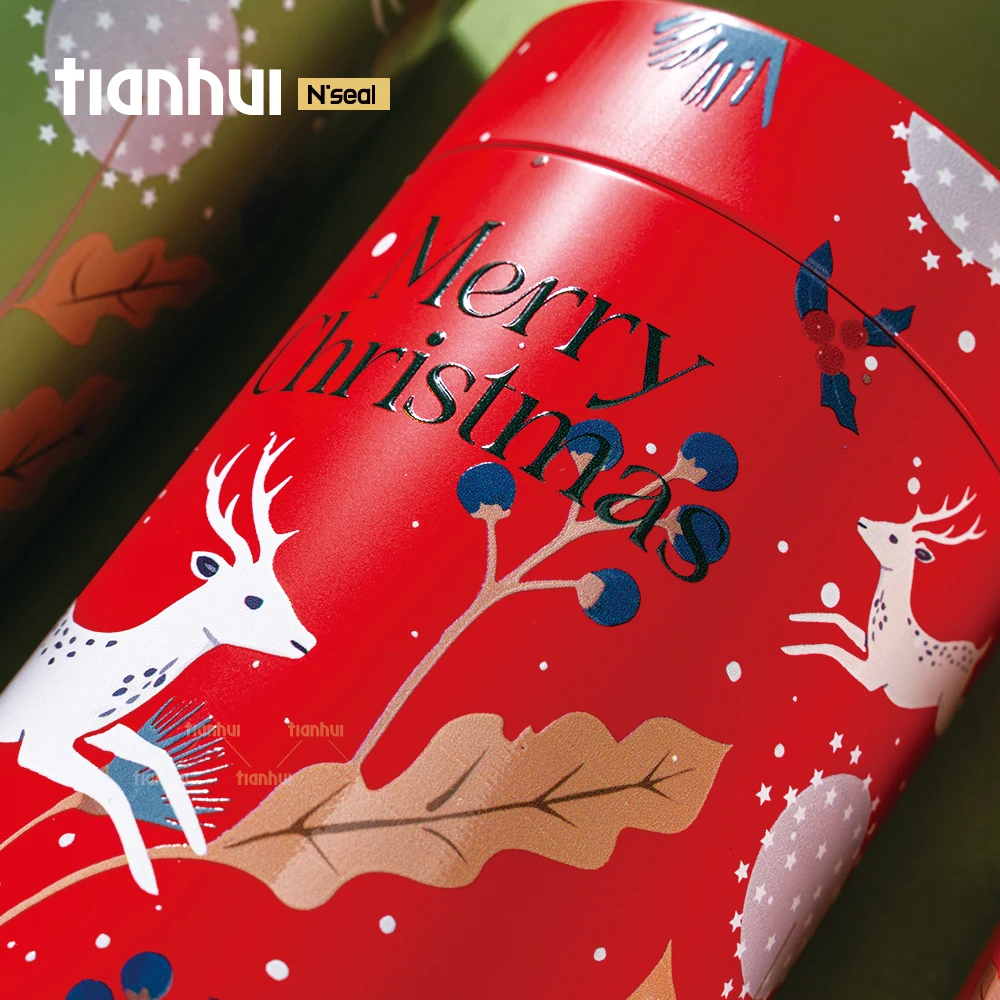 Kaleng Logam Tertutup Desain Perayaan Tianhui Grosir untuk Kemasan Hadiah Liburan Natal dengan Tutup Kedap Udara