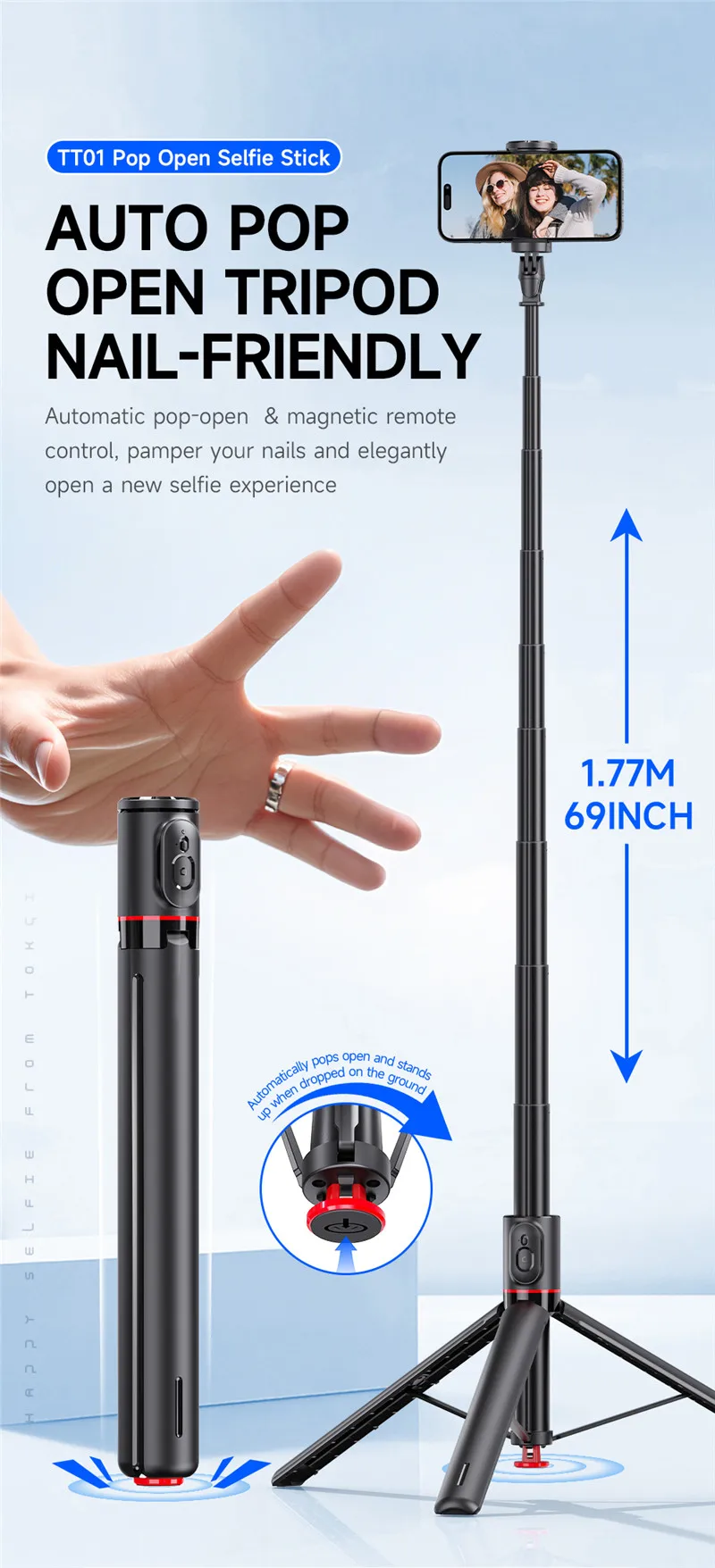 NEW TT01 All-in-one Auto Jump Open Tripod Magnetic Remote Drop Automatically Tripod 1.77m Super Long Rod Selfie Stick