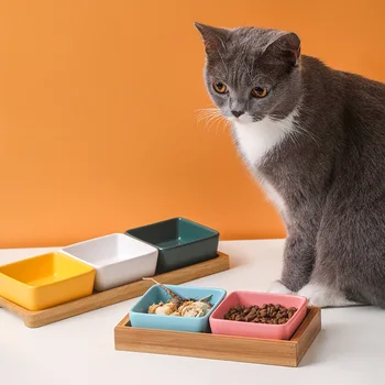 Colourful Square Cat Bowl Ceramic Cat & Dog Food Bowl Cat Food Ceramic Bowl with Wooden Tray for Neck Protection
