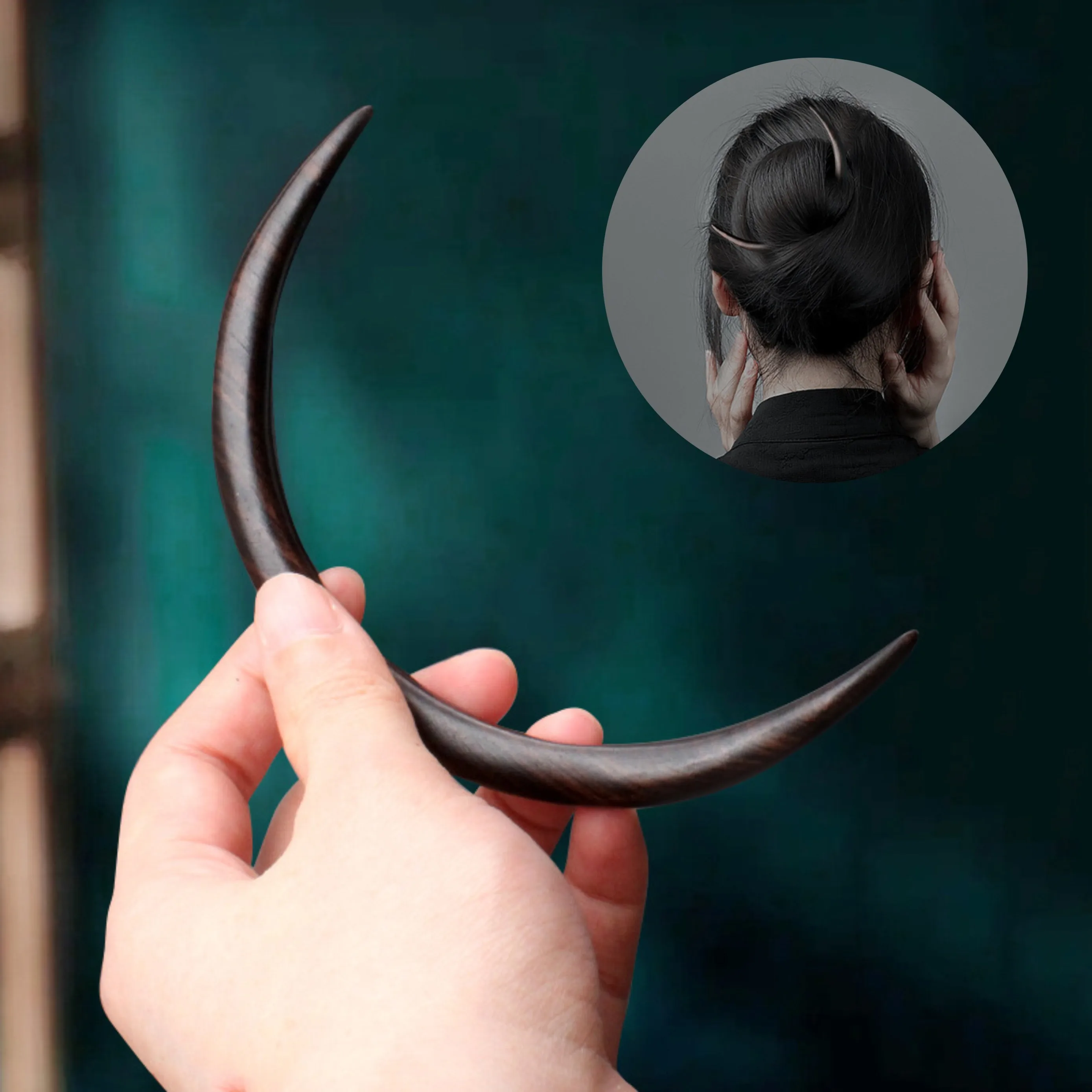 Curved Half Moon Crescent MOON Wood Hair Fork - Vintage
