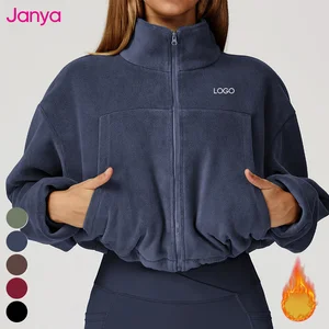 Janya Women's Winter Fleece Running Jackets Windproof Thermal Stand Collar Drawstring Zip Loose Fit Warm Outdoor Sports Jacket