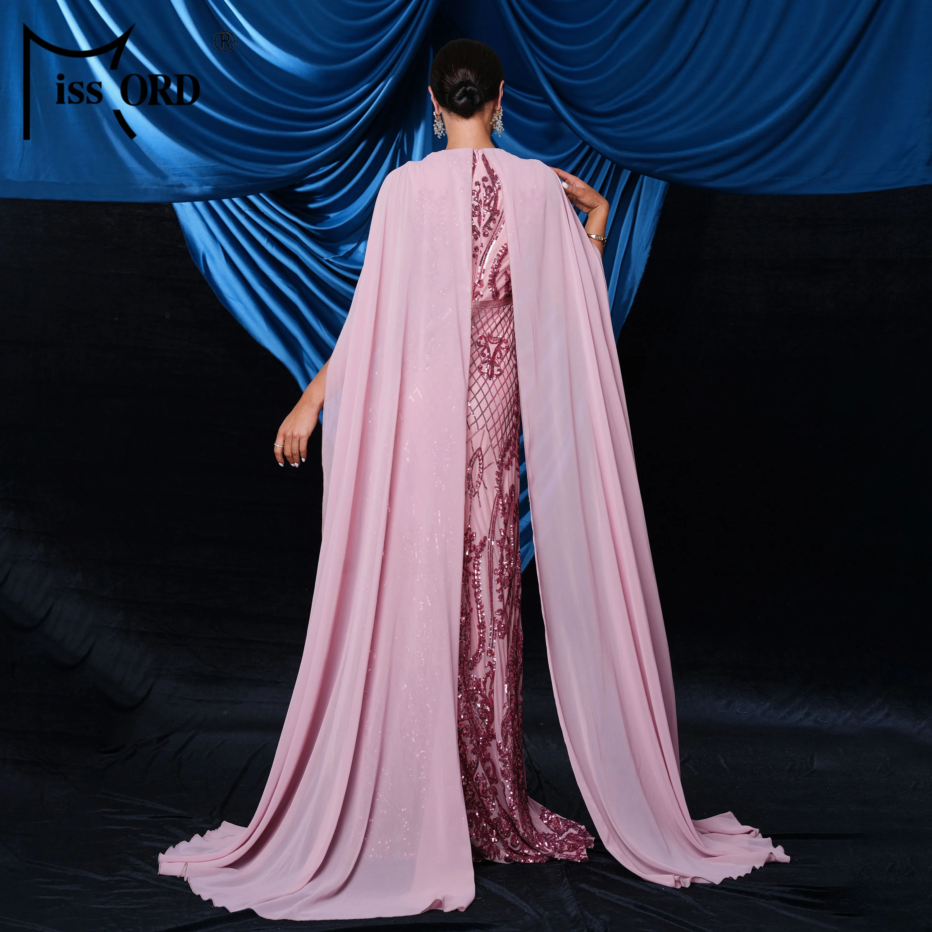 Pearl Dress Evening Dresses Pink Cape Gown Cloak Sleeve Slit Sequin Hijab  Arabic Istanbul Moroccan Turkish Dubai Muslim Modest Long Evening Dress