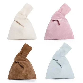 Color Portable Reusable Corduroy Wind Wrist Bag Shopping Handbag Eco Mini Simple Knot Pouch Gift Tote Bag For Women